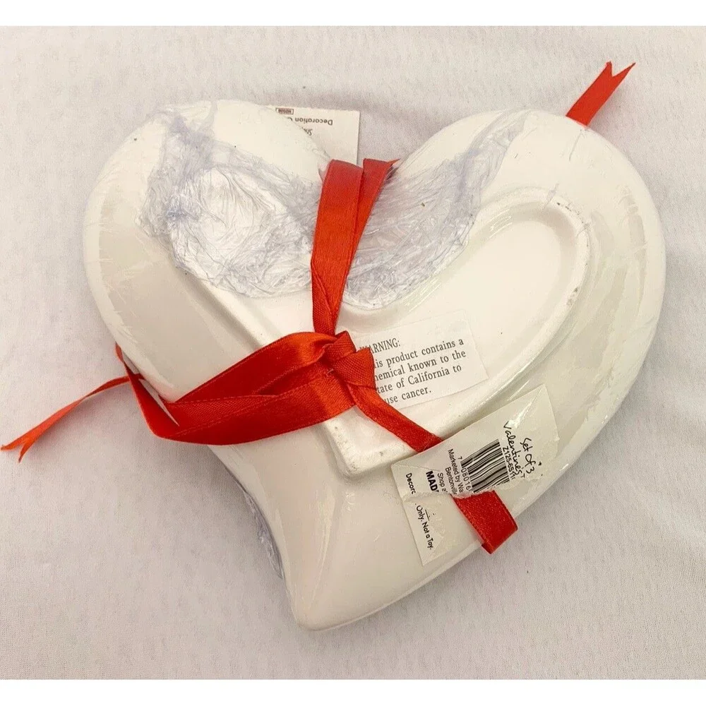 (3) Lot NEW Love Hearts Ceramic Plates Red & White Love You Jewelry Coin Dish